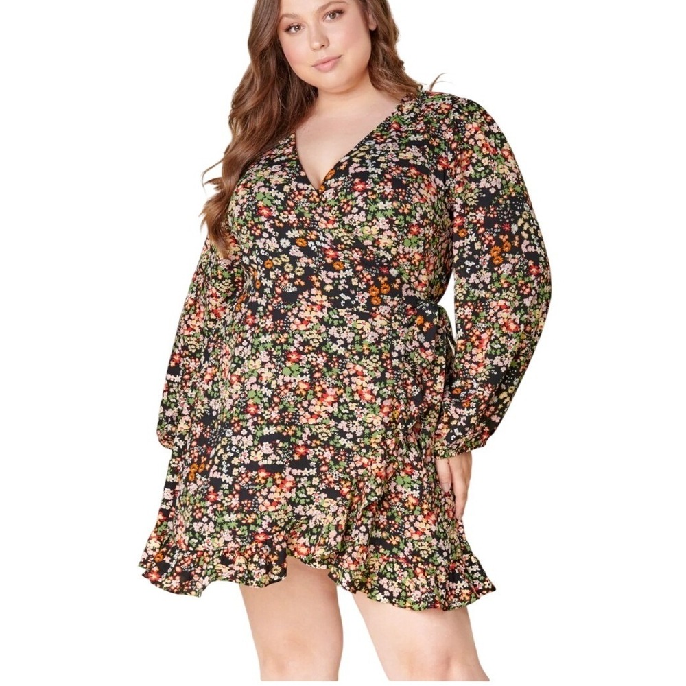 Sugar + Lips Malta Wildflower Mini Wrap Dress Curve Black Multi Floral 3X NWT